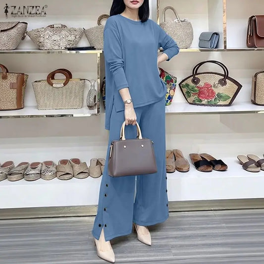 ZANZEA Autumn Outfits Women Casual O Neck Long Sleeve Tops Wide Leg Pants Sets 2 Piece Sets Solid Color Loose Tracksuit Oversize