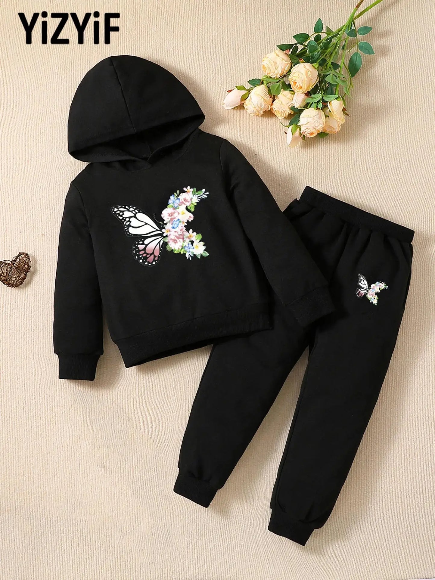 Kids Soft Casual Workout Outfit Girls Cute Butterfly Print Outfit Tracksuit Long Sleeves Hoodie with Pants Outdoor Sports Wear