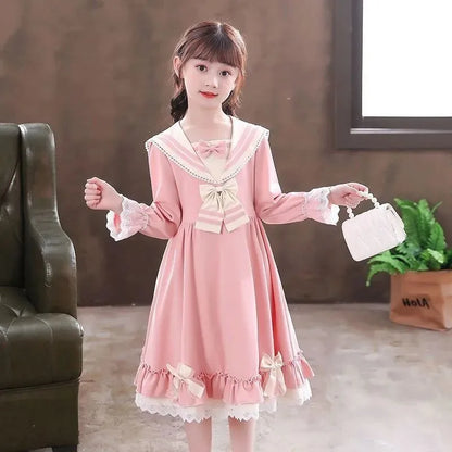 Girls' 2025 Spring/Autumn New Lolita Style Chic Bow Accented Long Sleeve Princess Dress for 4-12Y