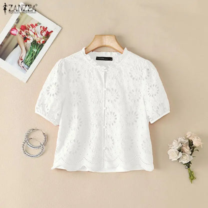 ZANZEA Woman Summer Embroidered Eyelet Cropped Shirts Elegant Ruffled Trim O-Neck Puff Short Sleeve Button Up Blouses Casual Top
