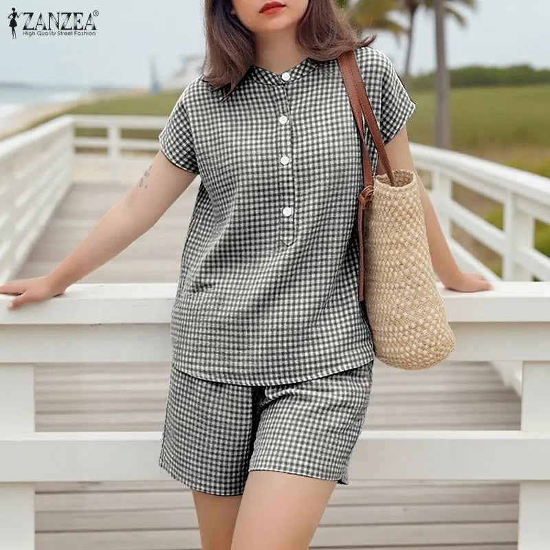 2026 ZANZEA Fashion Summer 2 Piece Sets Women Short Sleeve Plaid Blouse Short Sets Holiday Tracksuit Casual Work Outfit Oversize