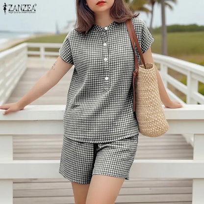 2026 ZANZEA Fashion Summer 2 Piece Sets Women Short Sleeve Plaid Blouse Short Sets Holiday Tracksuit Casual Work Outfit Oversize