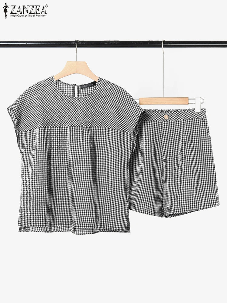 ZANZEA 2025 Vintage Short Sleeve Plaid Checked Blouses Short Sets Summer 2PCS Women Matching Sets Casual Outfits Loose Tracksuit