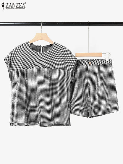 ZANZEA 2025 Vintage Short Sleeve Plaid Checked Blouses Short Sets Summer 2PCS Women Matching Sets Casual Outfits Loose Tracksuit