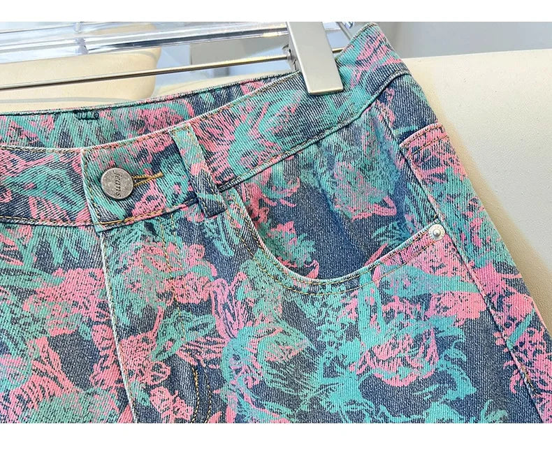 Fashionable Women's Printed Wide-Leg Jeans, New Spring/Fall High-Waisted Denim Trousers, Asian Sizes S–XXXL.