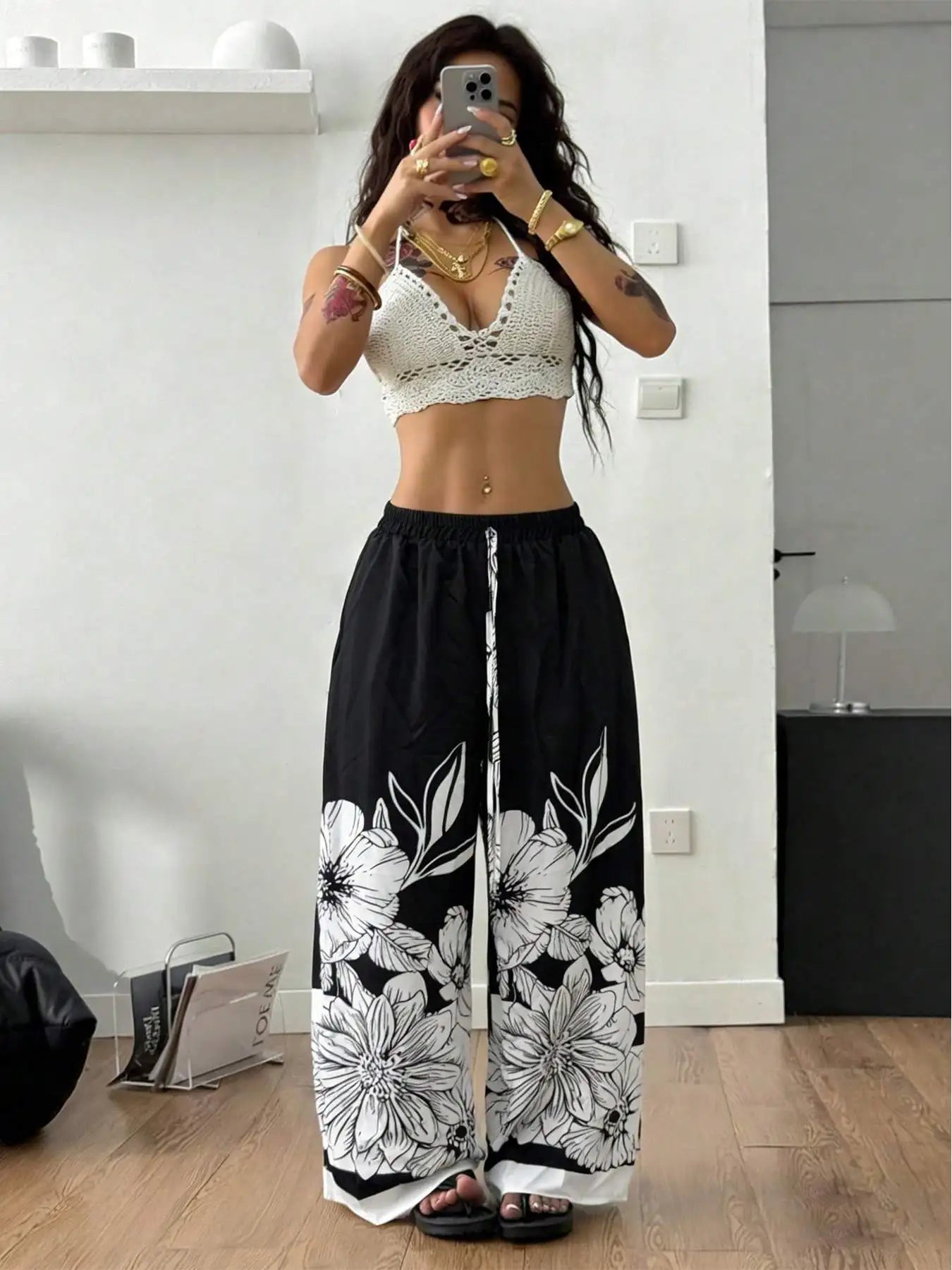 Large-Sized Printed Pants, Casual Tie Waist Wide-Leg Pants, Spring and Summer, Large-Sized Women's Clothing