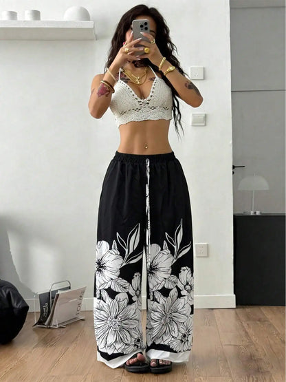 Large-Sized Printed Pants, Casual Tie Waist Wide-Leg Pants, Spring and Summer, Large-Sized Women's Clothing