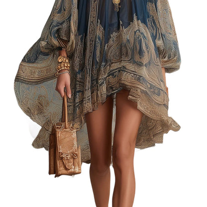 New European-style High-neck Printed Chiffon Dress with Loose, Casual Vacation-themed Shawl Sleeves.