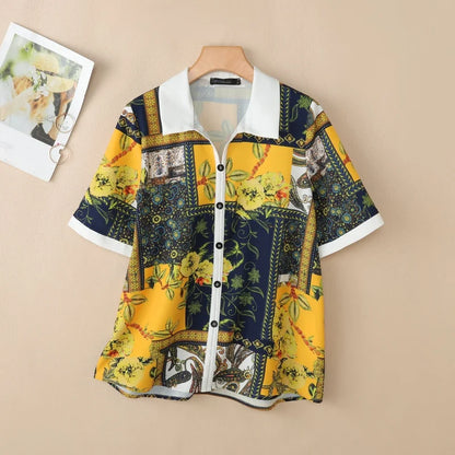 ZANZEA Women Floral Print Pullover Blouses Collared Short Sleeve Decorative Buttons Tops Summer Casual Vacation Blusas Mujer
