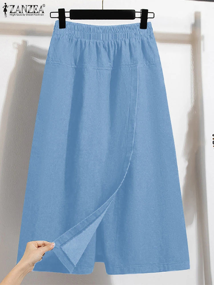 ZANZEA 2025 Fashion Women Skirt Pants Elastic Waist Pantalons Summer Casual High Waist Solid Color Long Trousers Wide Leg Pants
