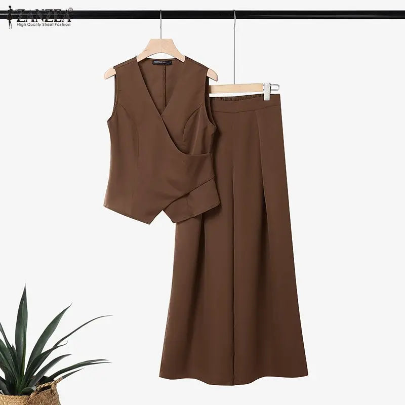 ZANZEA Women Casual Chic 2-Piece Pant Sets Sleeveless Wrapped Tops & Wide Leg Pants Matching Sets Office Lady Work Wear Co-ords