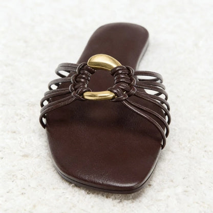 Brown Narrow-Strap Woven Design Flat Slippers Women Summer 2026 Light Comfortable Sandals for Wome Metal Decorations Beach Shoes