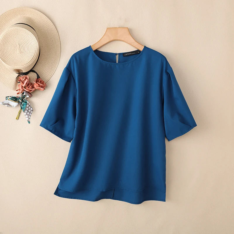 ZANZEA 2026 Summer Casual Blouses Woman O-Neck Half Puff Sleeves Solid Color Loose Tops Minimalist Everyday Wear Blusas de Mujer