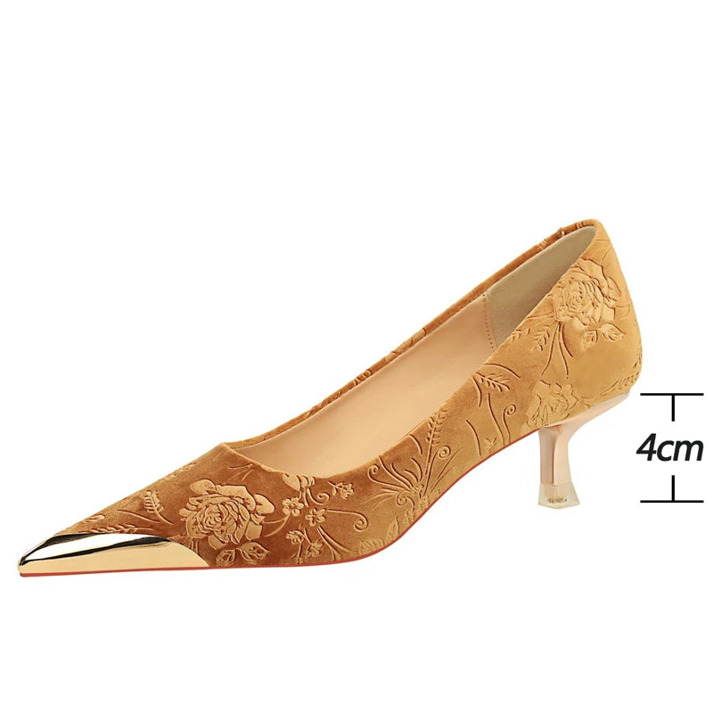 BIGTREE Shoes Women 4 Cm Heels Flower Embossing Women Pumps Metal Pointed Tip Middle Heel Shoes Stilettos Elegant Banquet Shoes