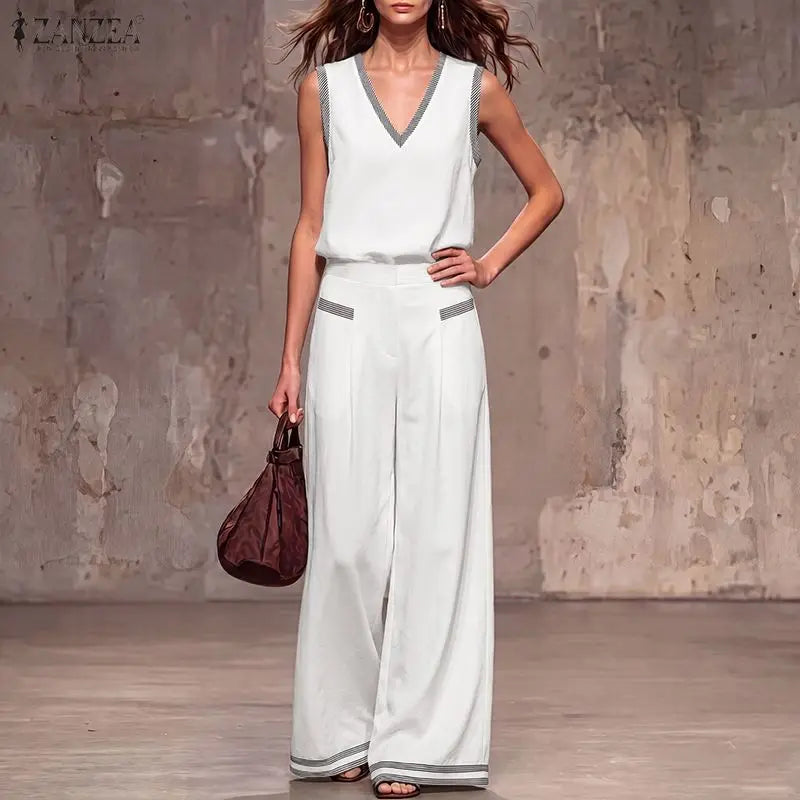 ZANZEA Fashion Summer 2 Pieces Tracksuit Women V Neck Sleeveless Tanks Tops Pant SetsCasual Patchwork Work Outfit Matching Sets