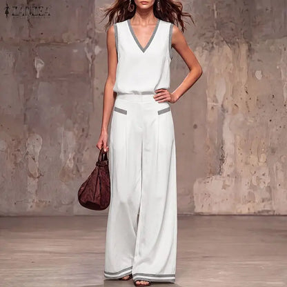 ZANZEA Fashion Summer 2 Pieces Tracksuit Women V Neck Sleeveless Tanks Tops Pant SetsCasual Patchwork Work Outfit Matching Sets
