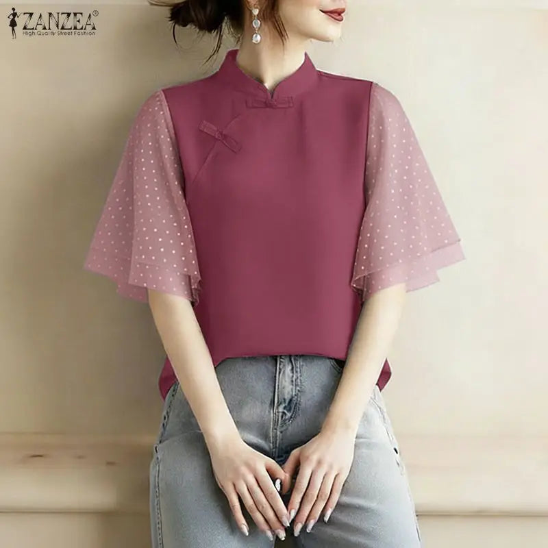 ZANZEA Woman Elegant Blouses Vintage Mandarin Collar Polka Dot Mesh Patchwork Half Sleeve Tops Summer Casual Blusas de Mujer
