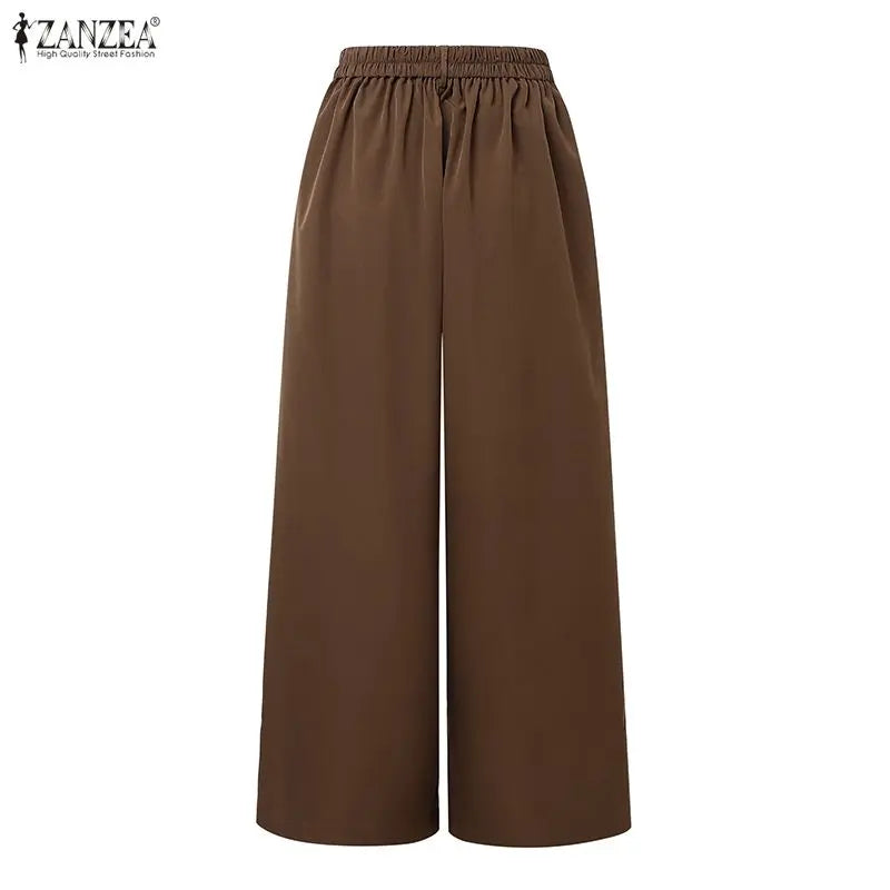ZANZEA Fashion Women High Waist Long Pants Zipper Elegant Office Lady Wide Leg Trousers 2026 Summer Casual Loose Solid Pantalons