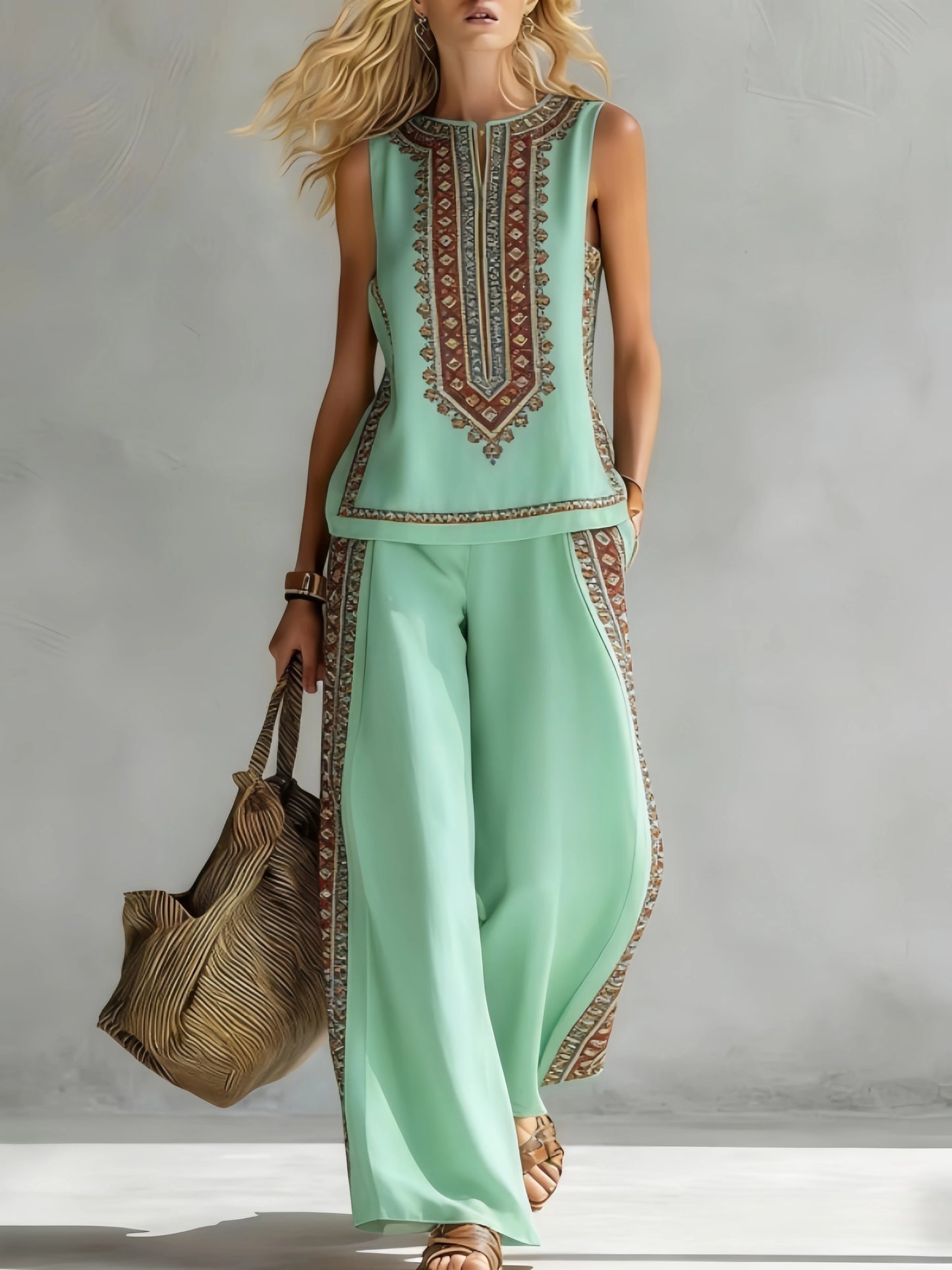 Fashion Retro Printed Sleeveless Tops Trousers 2-piece Set Women's Summer Casual Vest Loose Wide Leg Trousers Female Suit Pocket