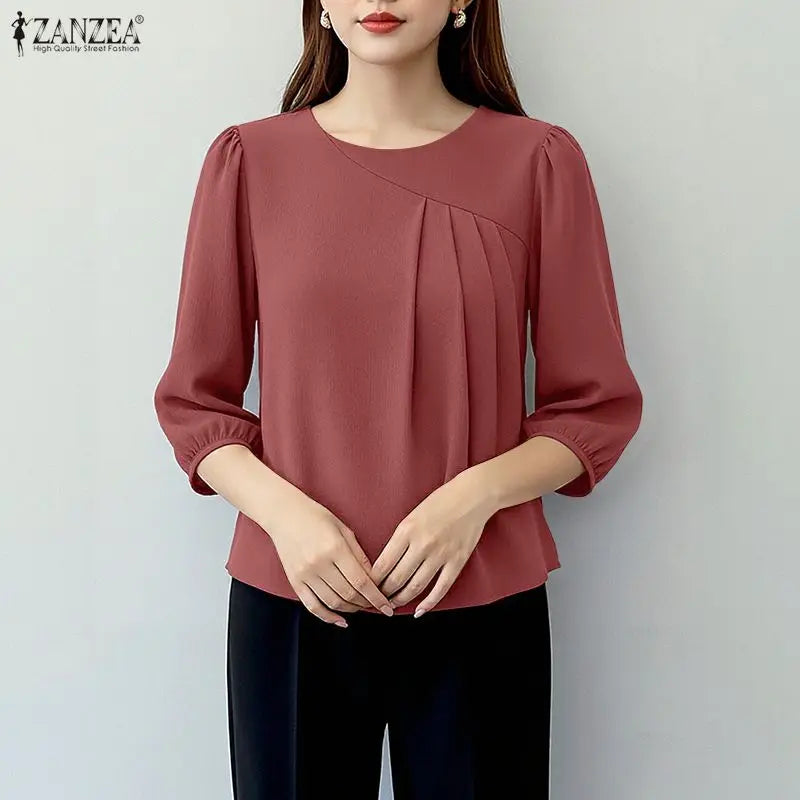 ZANZEA Women's Elegant Pleated Detail Blouses O-Neck 3/4 Puff Sleeve Crinkled Fabric Tops Solid Color Casual Blusas de Mujer 3XL