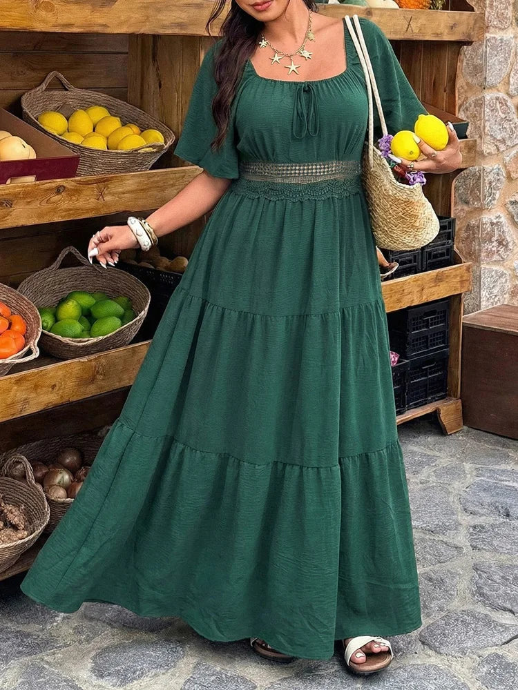 GIBSIE Plus Size Square Neck Floral Print Maxi Dress Women Summer 2026 Knot Front Hollow Out Boho Vacation Big Swing Dresses