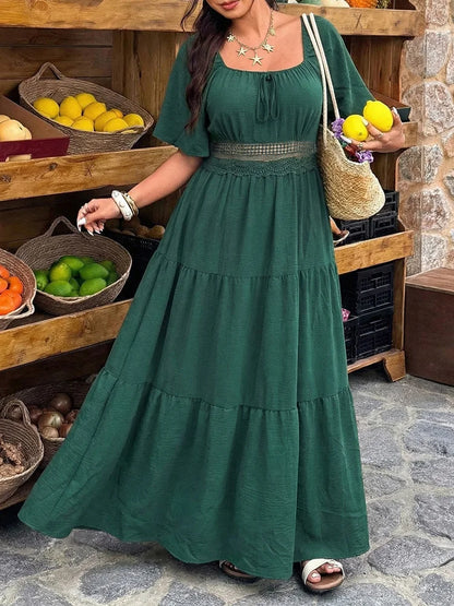 GIBSIE Plus Size Square Neck Floral Print Maxi Dress Women Summer 2026 Knot Front Hollow Out Boho Vacation Big Swing Dresses