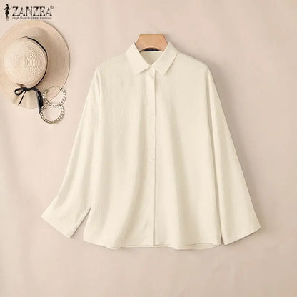 ZANZEA Woman Long Sleeve Shirts Oversized Turn Down Collar Button Up Blouses Autumn 2026 Crinkled Fabric Casual Work Camisas 2XL