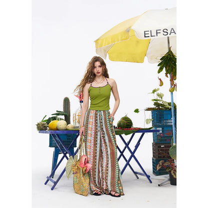 ELFSACK Women's Full Printed Wide Leg Pants with Elastic Waist, Cartoon Fruit Floral Print Loose Trousers for Daily