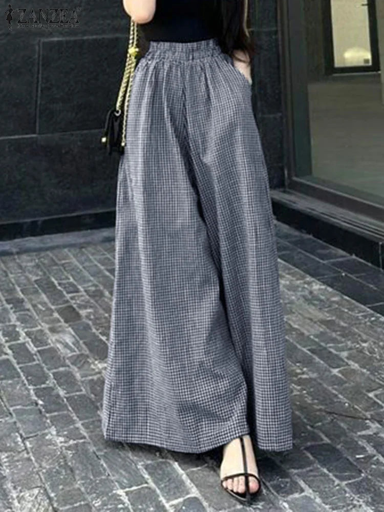 2025 ZANZEA Summer Wide Leg Pants Women Plaid Checked Trousers Casual Elastic Waist Pant Elegant Loose OL Work Pantalon Palazzo