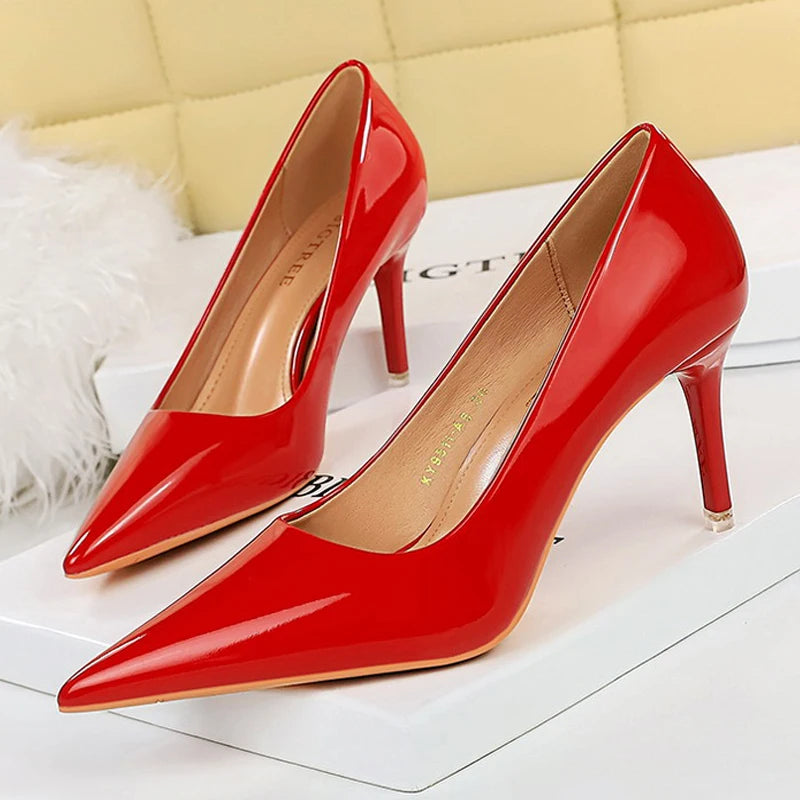 BIGTREE Shoes Patent Leather Women 7.5 cm 10.5 Heels Fashion Women Pumps Stiletto Heels Lady Shoes Large Size Sexy Party Shoe