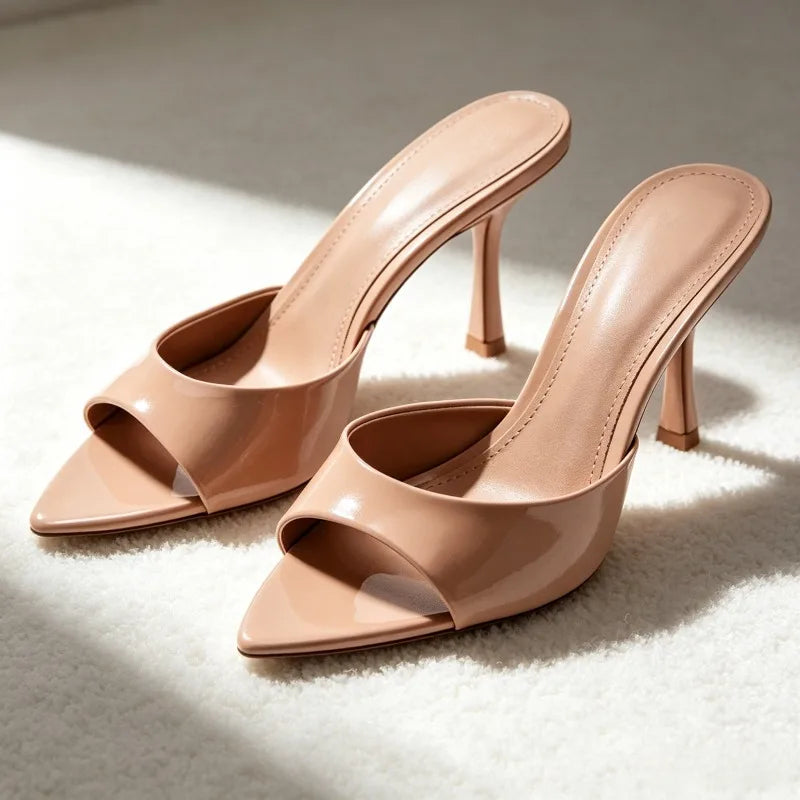 Elegant Pointed-toe Mule Sandals for Women High-quality Soft Leather Designer Shoes Summer Sexy Open-toe Stiletto Slide Sandals