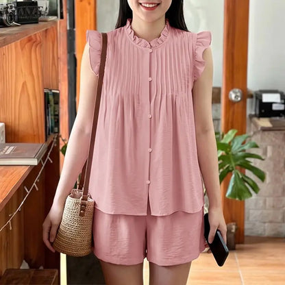 ZANZEA Women 2 Pieces Matching Short Sets Summer Ruffled Trim O-Neck Flying Sleeves Pintuck Tops & Elastic Waist Shorts Suits