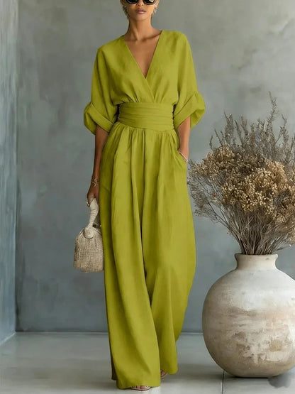 Women Elegant High Waist Jumpsuits Summer Short Sleeve Wide Leg Pants Romper Casual V Neck Solid Loose Jumpsuits Streetwear