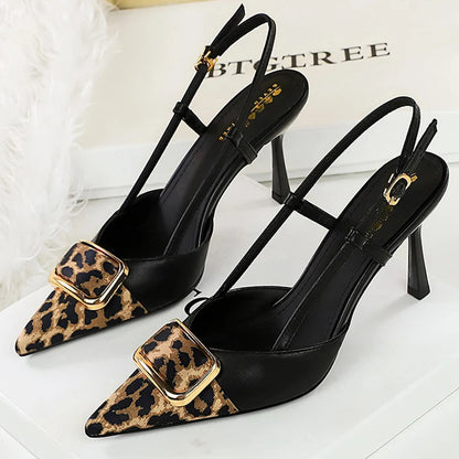 BIGTREE Shoes Women Pumps Metal Decoration High Heels Stilettos 8 Cm Leopard Women Heels Sexy Party Shoe Hollow Out Heel Sandals