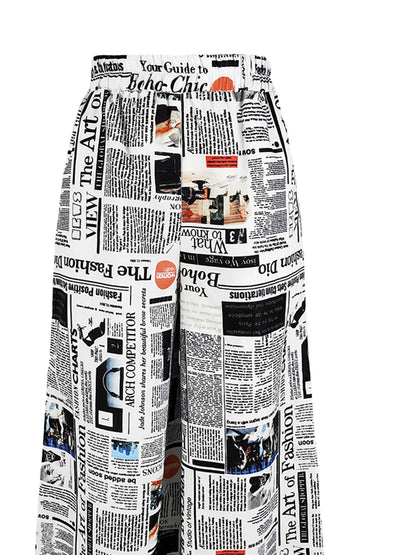 Women Vintage Newspaper Print Wide Leg Pants High Waist Lace Up Loose Casual Trousers Fashion Streetwear Baggy Pants Female