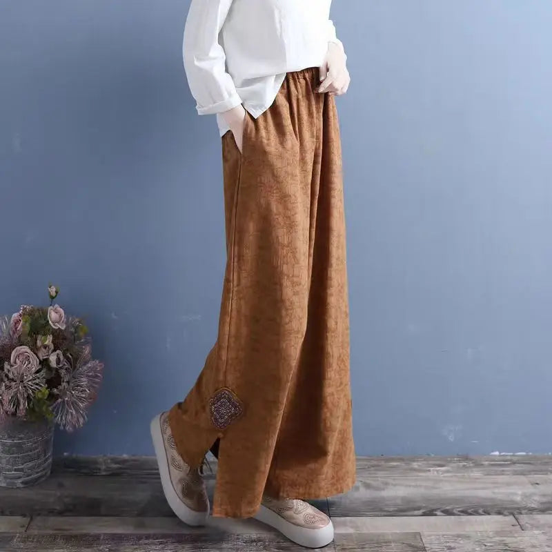High Waist Straight Leg Cotton Linen Patchwork Embroidered Wide Leg Pants Spring Summer Casual High Waist Long Trousers