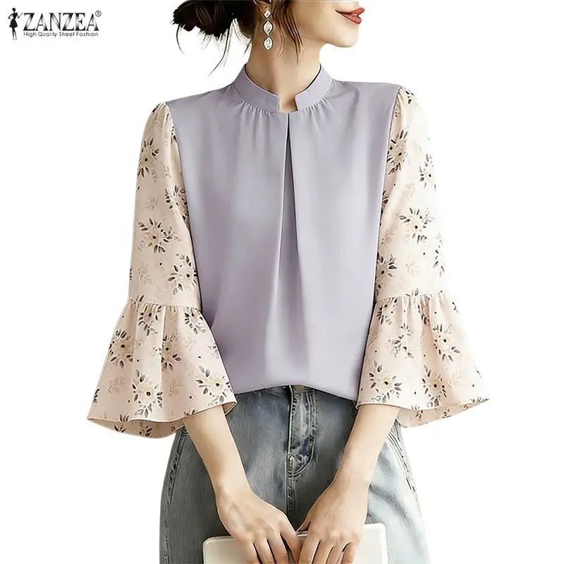 ZANZEA Summer Woman Elegant Blouses Vintage Stand Collar Floral Printed 3/4 Sleeve Pleated Tops Loose Casual Blusas de Mujer