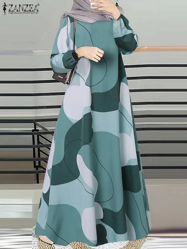 Vintage Muslim Abaya ZANZEA Women Printed Maxi Dresses Fashion Long Sleeve Islamic Robe Dubai Sundress Hijab Vestidos Kaftan