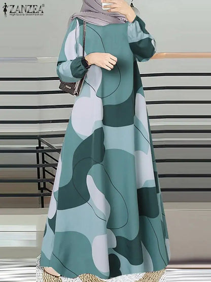 Vintage Muslim Abaya ZANZEA Women Printed Maxi Dresses Fashion Long Sleeve Islamic Robe Dubai Sundress Hijab Vestidos Kaftan