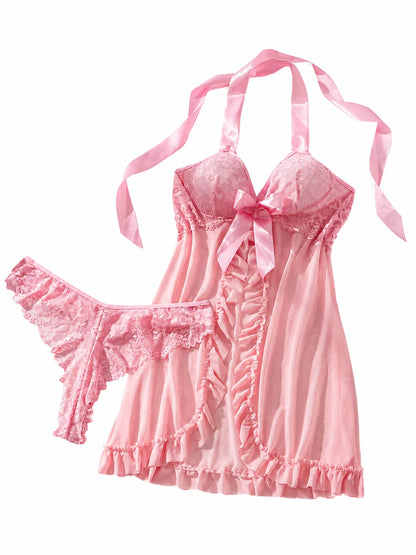 Pink Lace Sexy Lingerie Set Women Sweet Mesh Babydoll Nightgown Halter Backless Exotic Nightwear Bow Ruffles Bridal Sleepwear