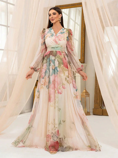 TOLEEN 2025 New Women's Cross Fashion Casual V-Neck Lantern Sleeve Random Flower Print Formal Elegant Party Long Maxi Dresses