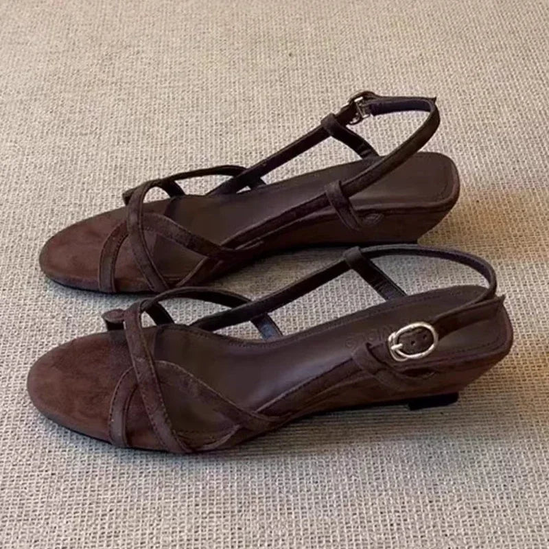 Fashion Round Toe Narrow Band Roman Style Platform Sandal Women Comfort Open Toe Wedge Designer Shoe Brown Faux Suede Beach Shoe