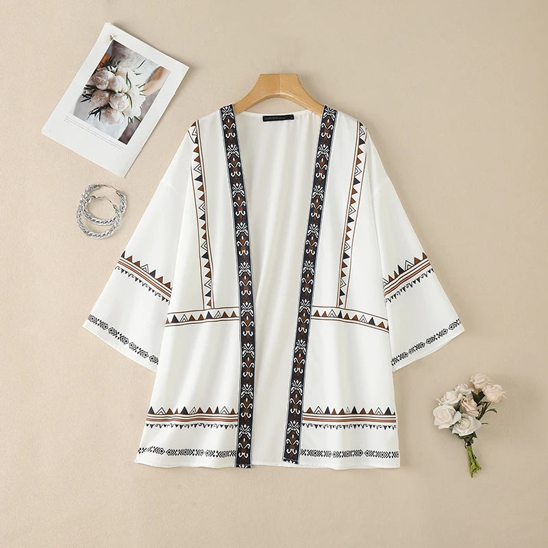 ZANZEA Women's Casual Ethnic Print Kimonos 3/4 Sleeves Open Front Long Cardigans Summer Bohemian Vacation Sunscreen Cover-Up