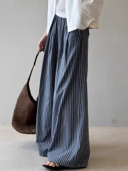 Summer Wide Leg Pants Women Loose Slimming Lazy Stripe Floor-Length Trousers Trendy High Waist Casual Style Breathable Skin-F...