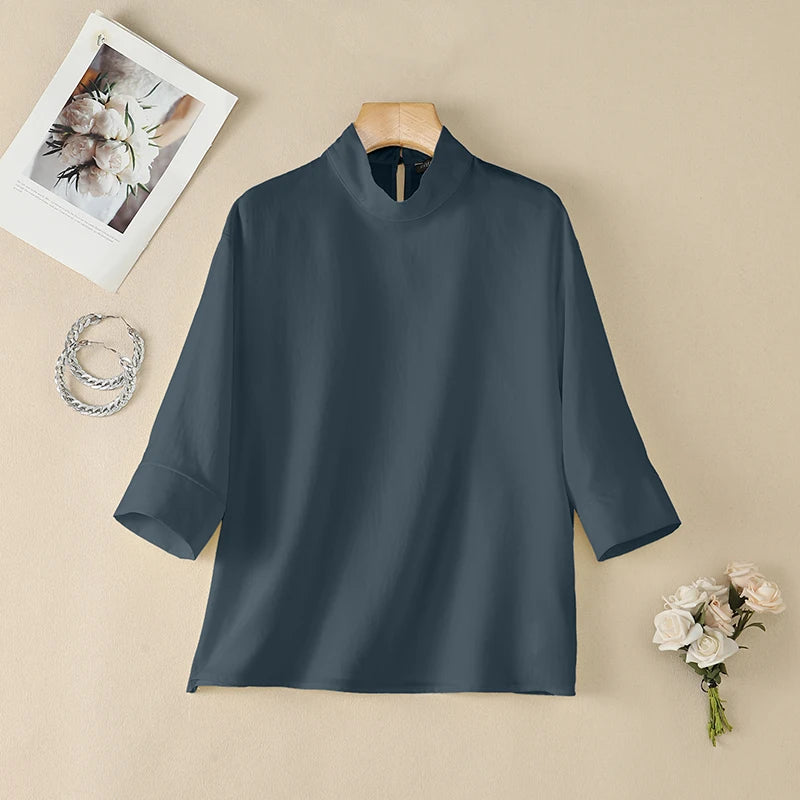 ZANZEA Woman Plus Size Blouses Casual Mock Neck 3/4 Sleeve Loose Solid Shirts Autumn 2026 Vintage Daily Wear Blusas Mujer 5XL