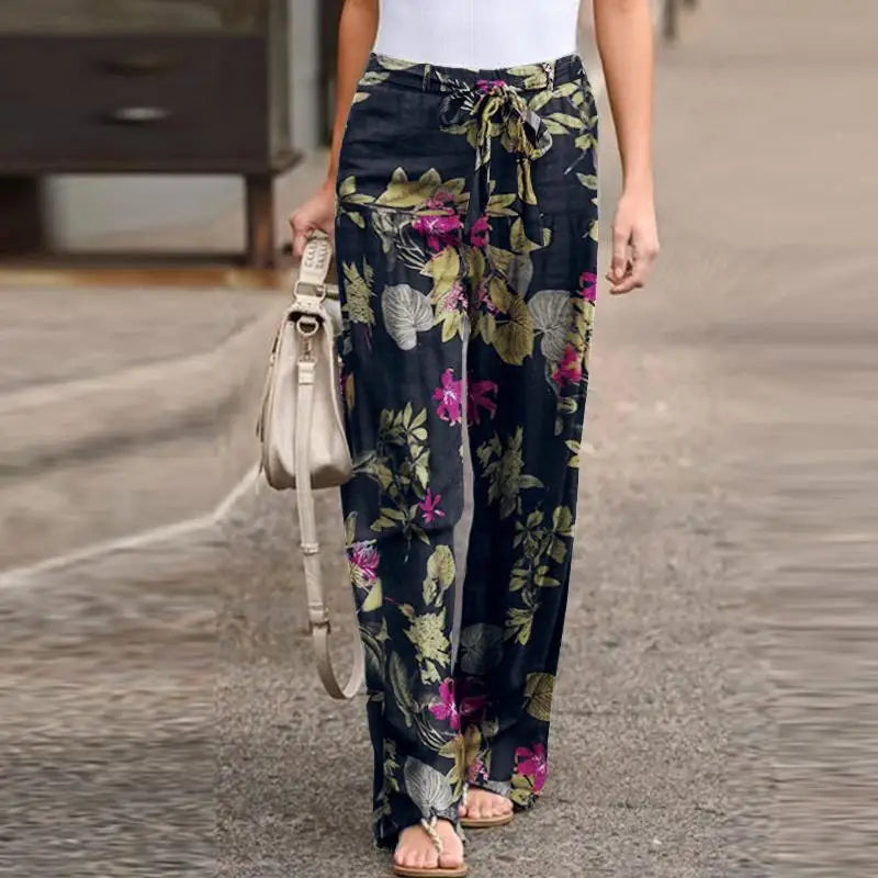 Casual Flower Print Cotton Linen Straight Leg Pants Women Fashion Lace Up Elastic Waist Home Trousers Female Plus Size Pants