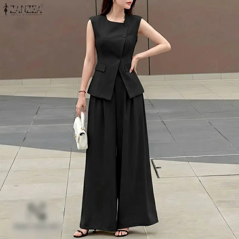 Fashion Women 2 Pieces Sets ZANZEA Summer Sleeveless Buttons -Up Tanks Tops Pants Sets Elegant Solid OL Work Tracksuit Outfits