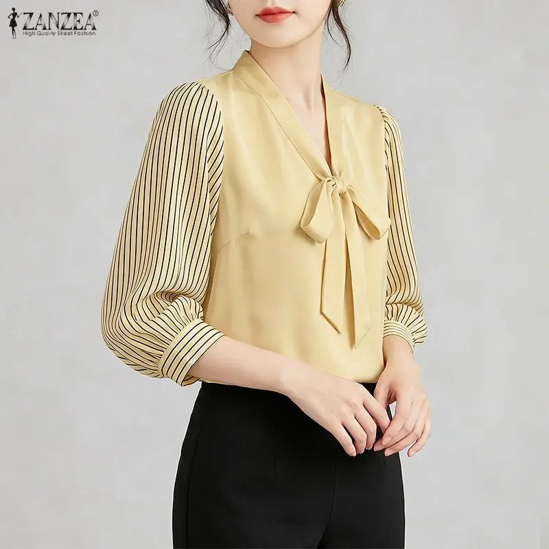 ZANZEA Women's Elegant Bow Tie Neck Blouses Summer Striped 3/4 Puff Sleeve Patchwork Casual Tops Office Commute Blusas de Mujer