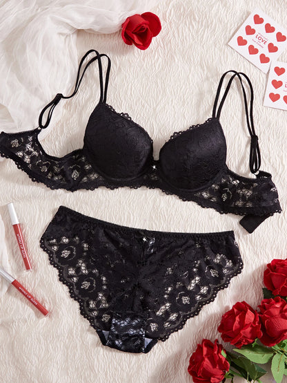 6-Piece Solid Women's Underwear Set Floral Lace Push Up Bra Sexy Hollow Out Panties Comfortable Lingerie Set