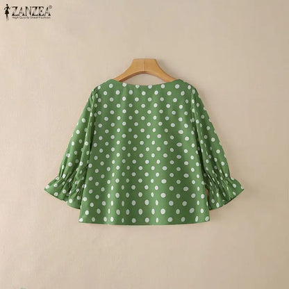 ZANZEA Women's Polka Dot Blouses Elegant Square Neck 3/4 Puff Sleeve Elastic Cuffs Pullover Tops Daily Casual Blusas de Mujer